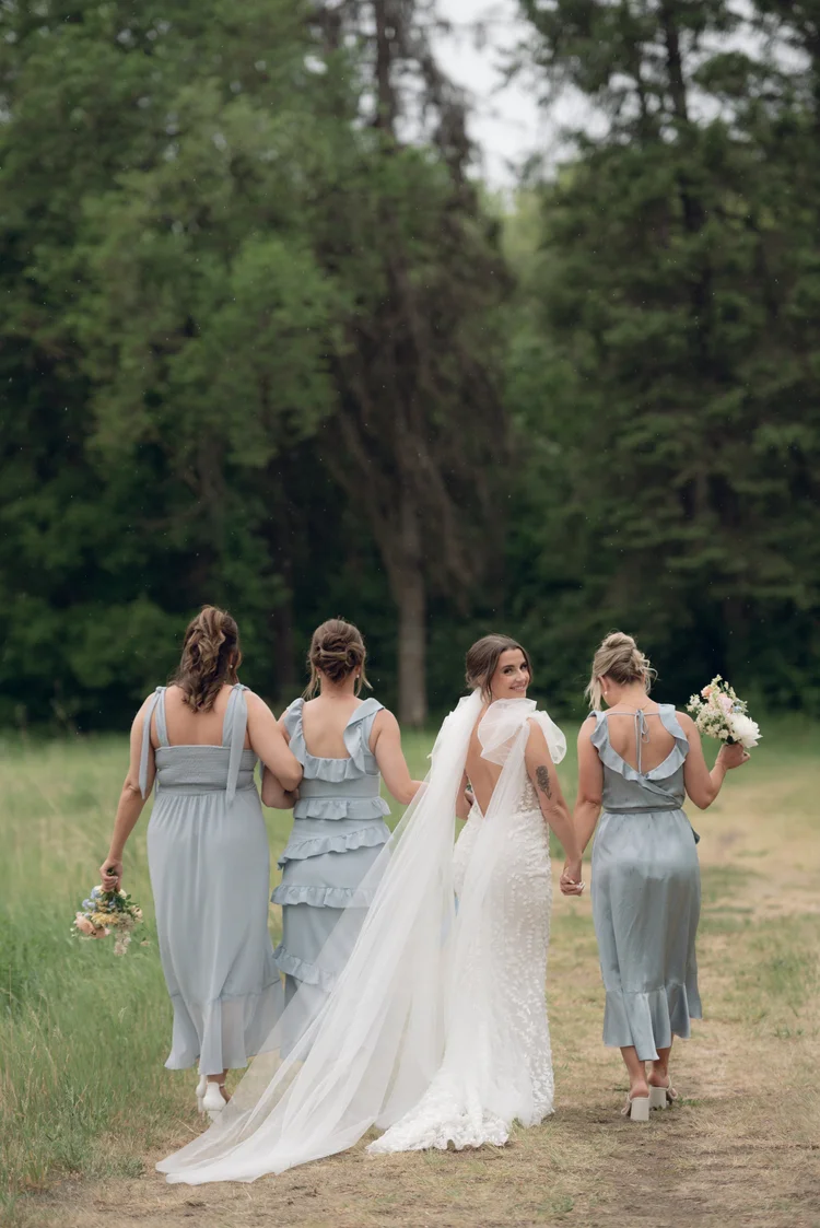 Bride walking with bridesmaids outdoors