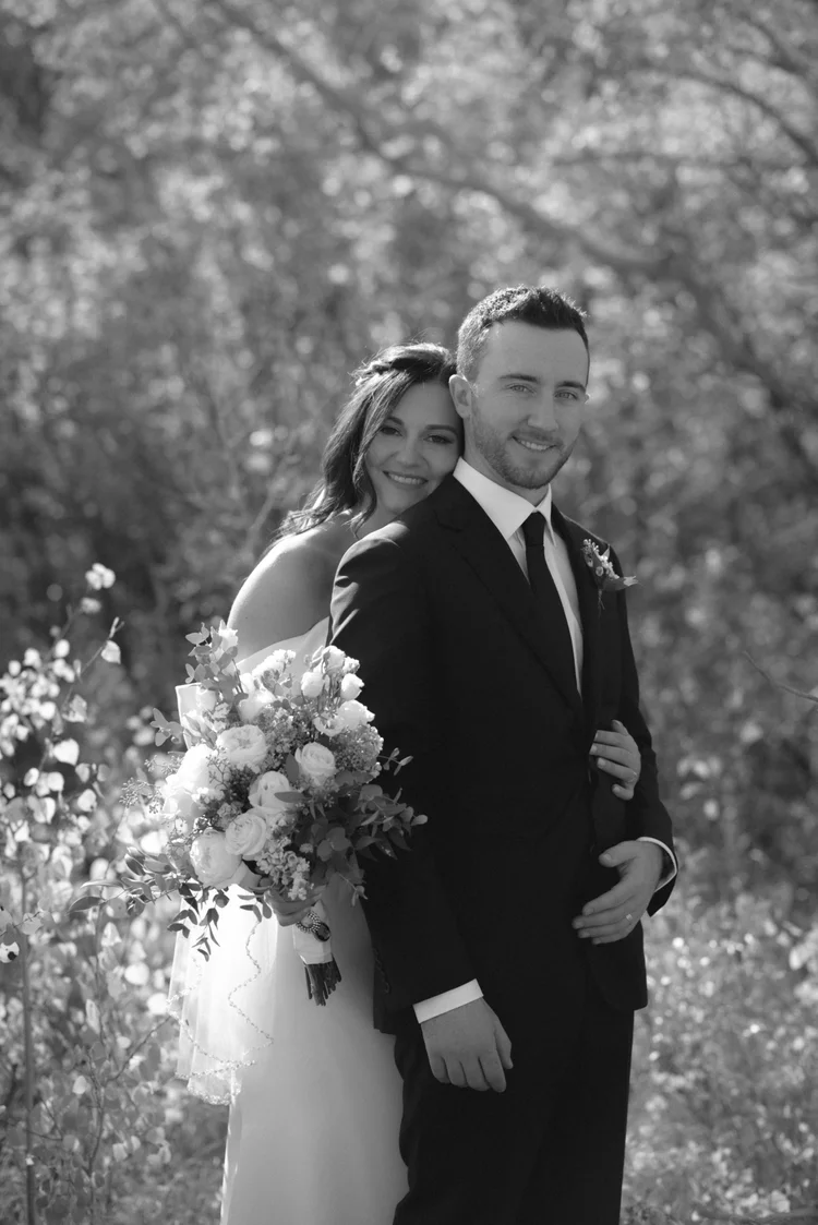 Black and white newlywed portrait